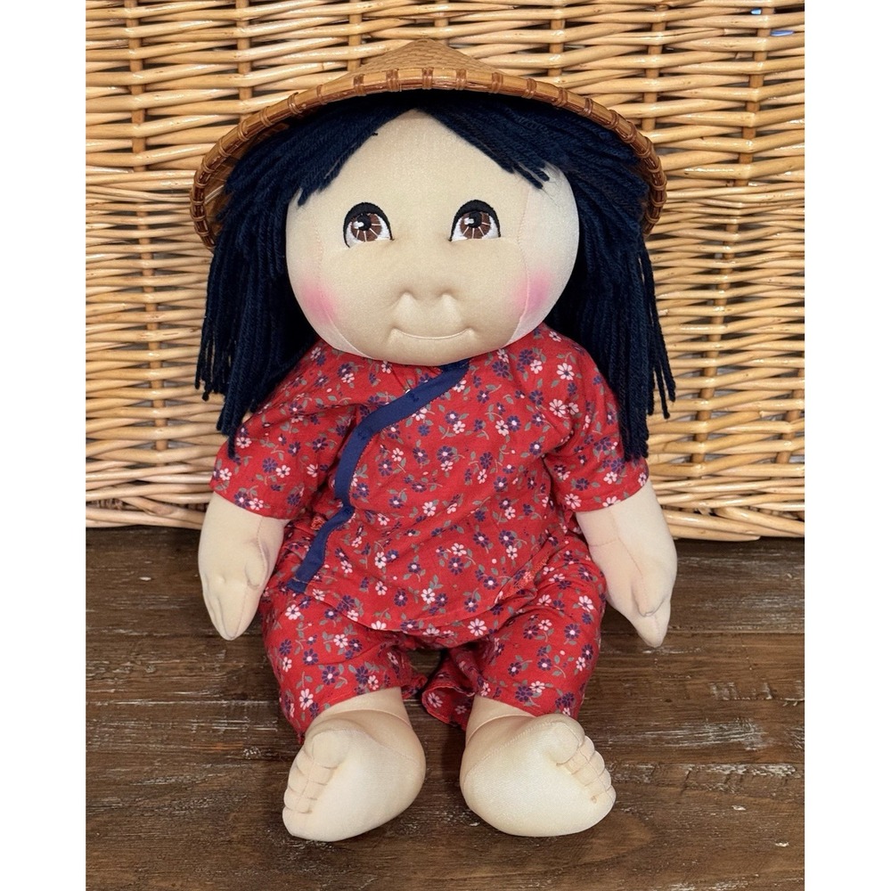 Vintage 1984 Rice Paddy Baby 20" Soft Sculpture Doll w/Red Floral Pantsuit & Hat
